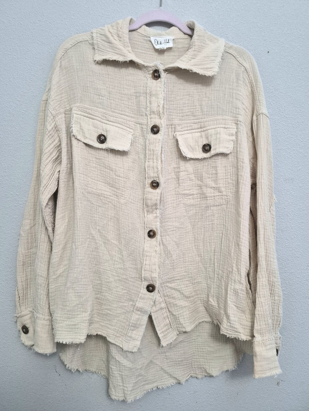 Oli & Hali Oversized Distressed Double Gauze Cotton Button Down Shirt S Boho